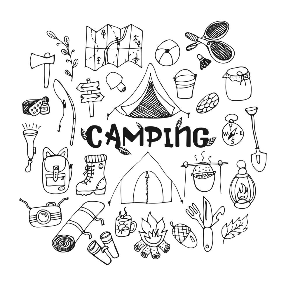 ensemble de griffonnages dessinés à la main sur le thème du tourisme et du camping. ensemble de contours de camping. pour les affiches et la publicité pour la randonnée. illustration vectorielle linéaire. vecteur