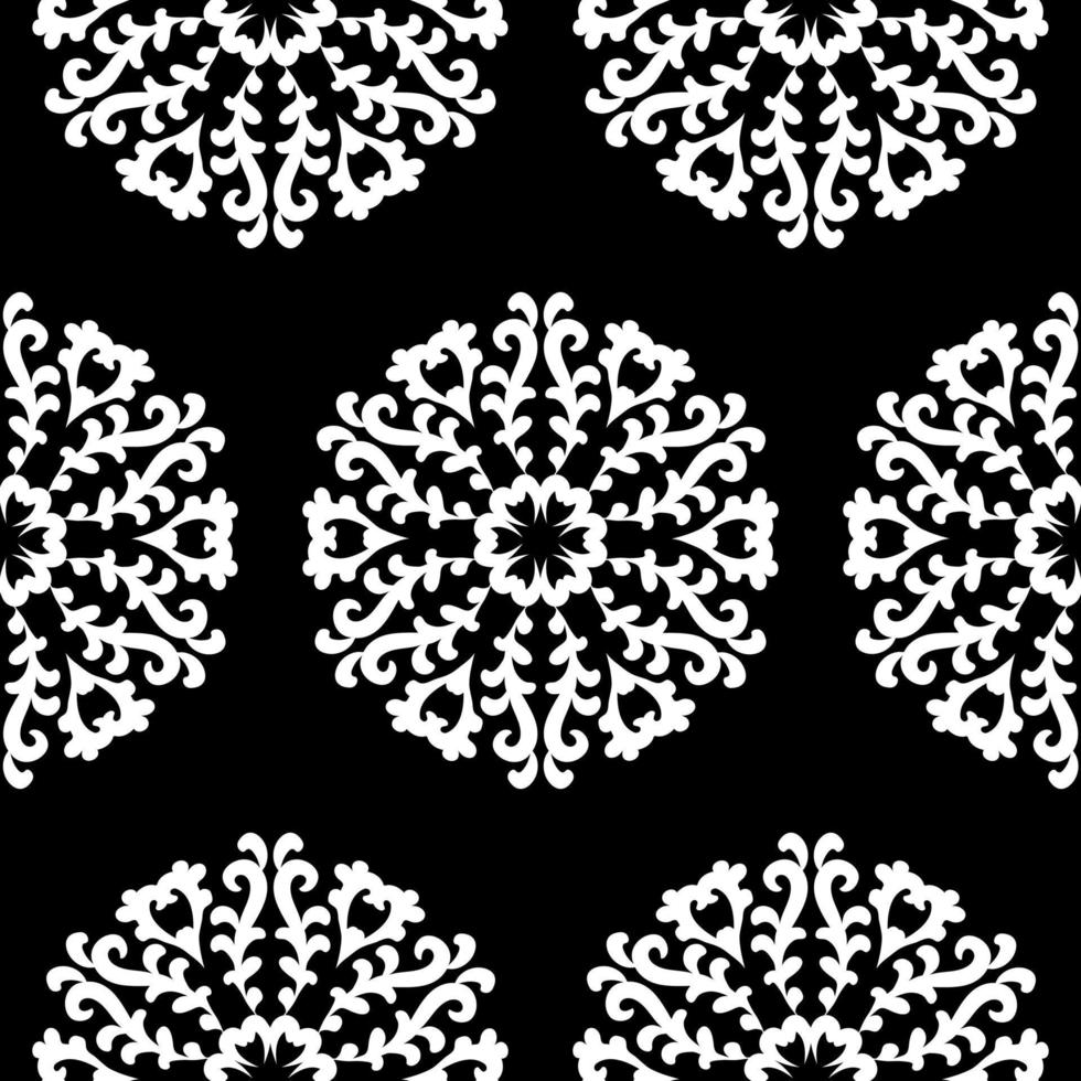 motifs de dentelles rondes blanches sur fond noir. beau fond transparent avec des mandalas floraux. noir et blanc. ornement rond vintage de vecteur. vecteur