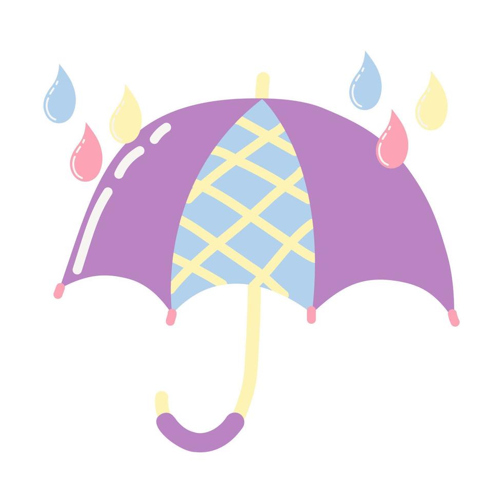 parapluie violet avec des gouttes de pluie dans un style plat de dessin animé isolé sur fond blanc. icône isolé. illustration de décoration. pour la conception des enfants. vecteur
