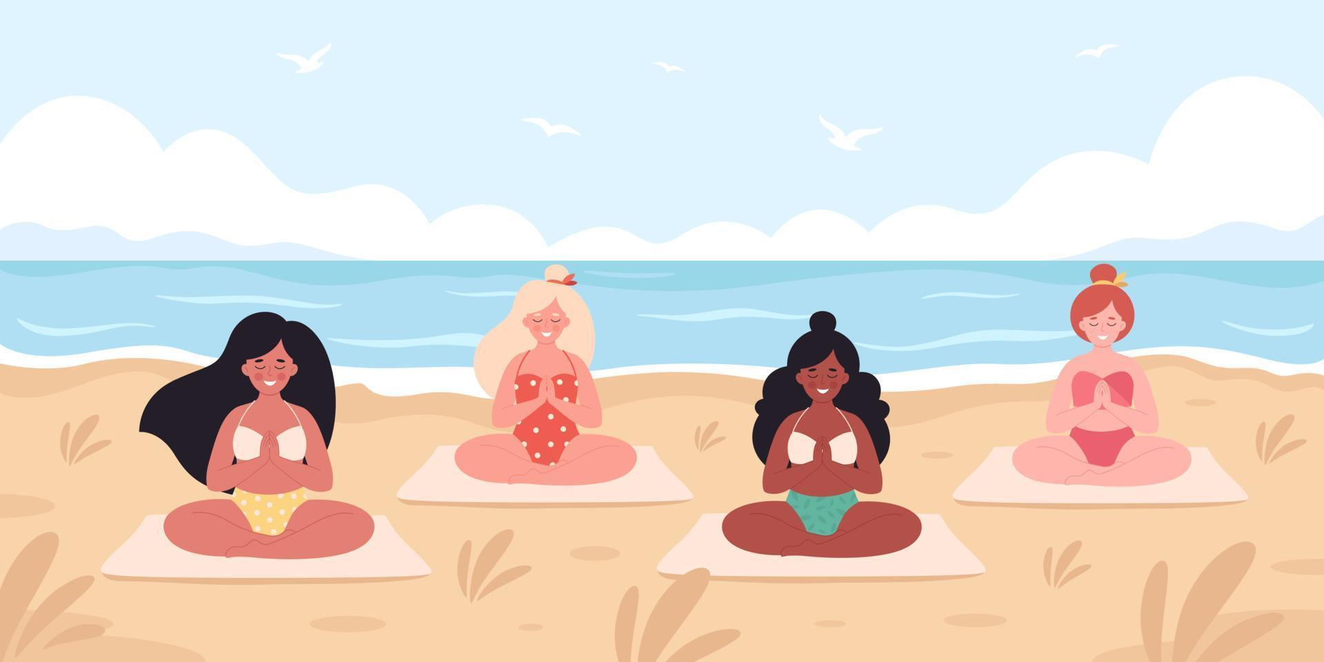 femmes méditant sur la plage. bonjour l'été, les loisirs d'été, les vacances. mode de vie sain, soins personnels, yoga, méditation vecteur