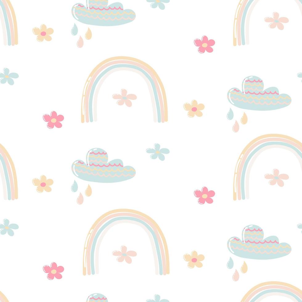 modèle sans couture avec arc-en-ciel de dessin animé, nuage et fleurs sur fond blanc. fond de bébé mignon pour l'impression sur papier d'emballage, tissu, vêtements. élément de conception de tissu. modèle vectorielle continue. vecteur