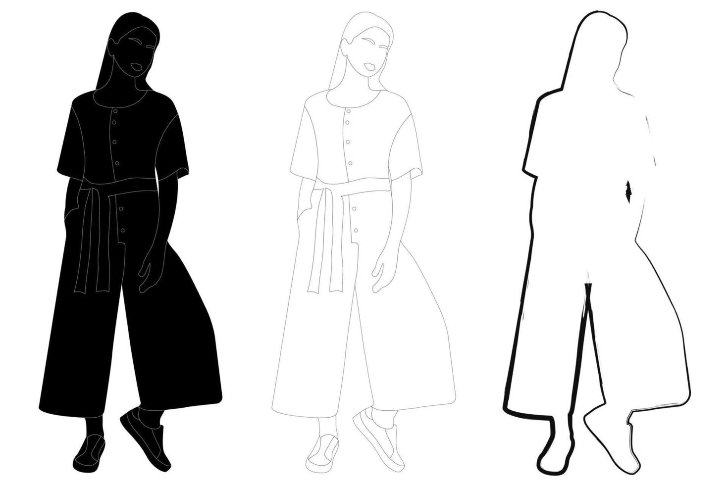 croquis de la silhouette d'une jeune fille dans un costume à la mode debout. Doodle dessin au trait noir et blanc. vecteur