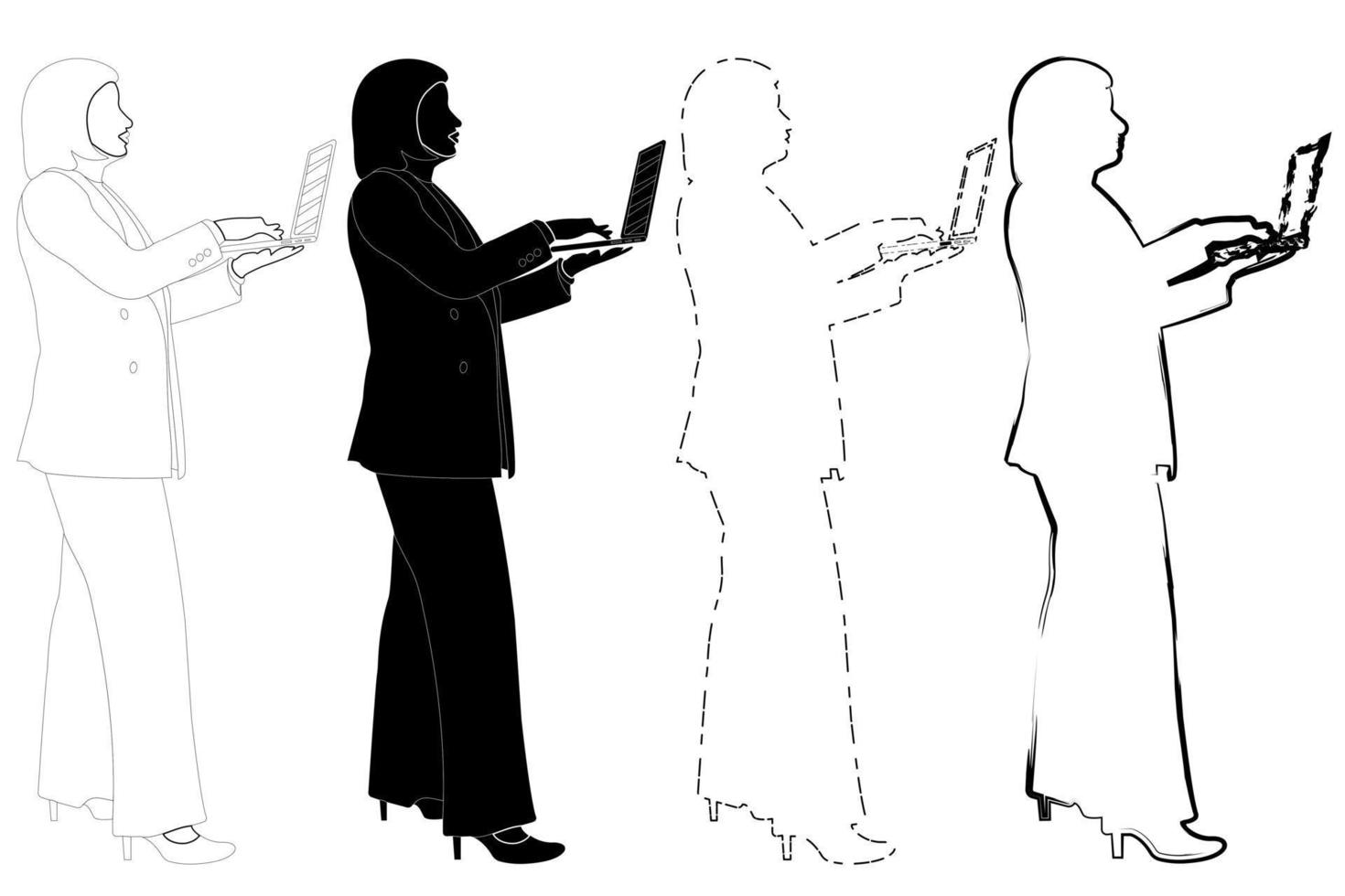 croquis de la silhouette d'une jeune fille dans un costume à la mode debout. Doodle dessin au trait noir et blanc. vecteur