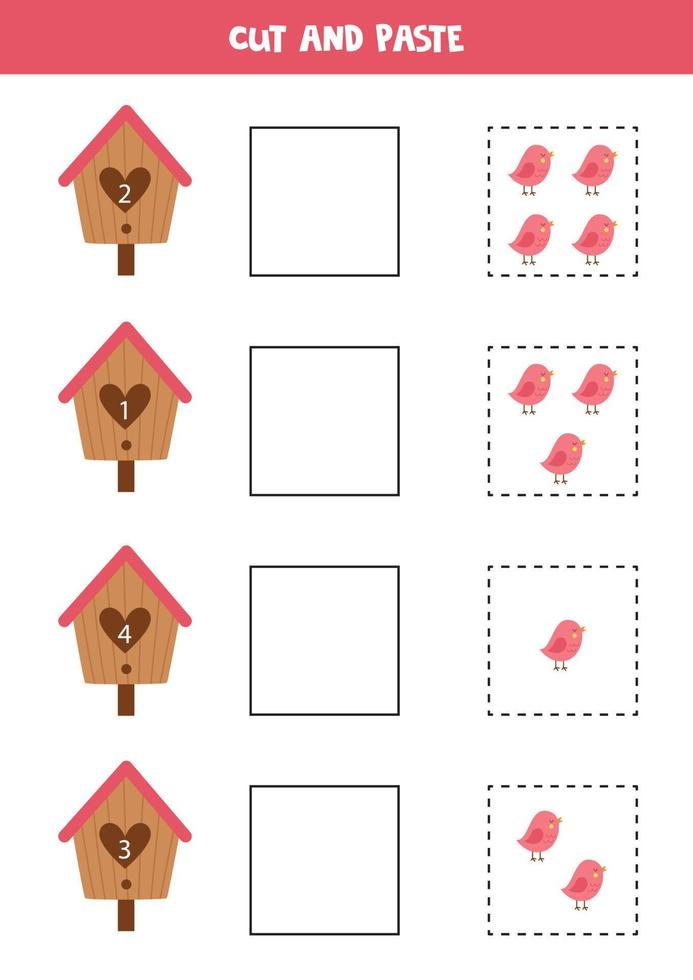 jeu de mathématiques pour les enfants. comptez et collez des oiseaux mignons dans des nichoirs. vecteur