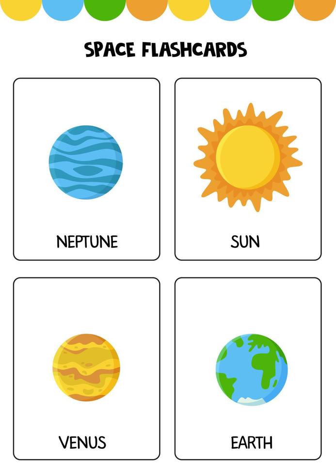 planètes de dessin animé mignon du système solaire avec des noms. flashcards pour les enfants. vecteur