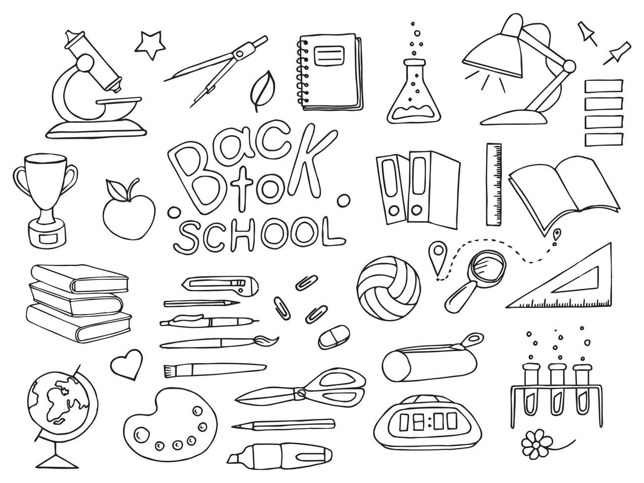 retour au lettrage, aux éléments et aux icônes de l'école. dessin incolore. vecteur