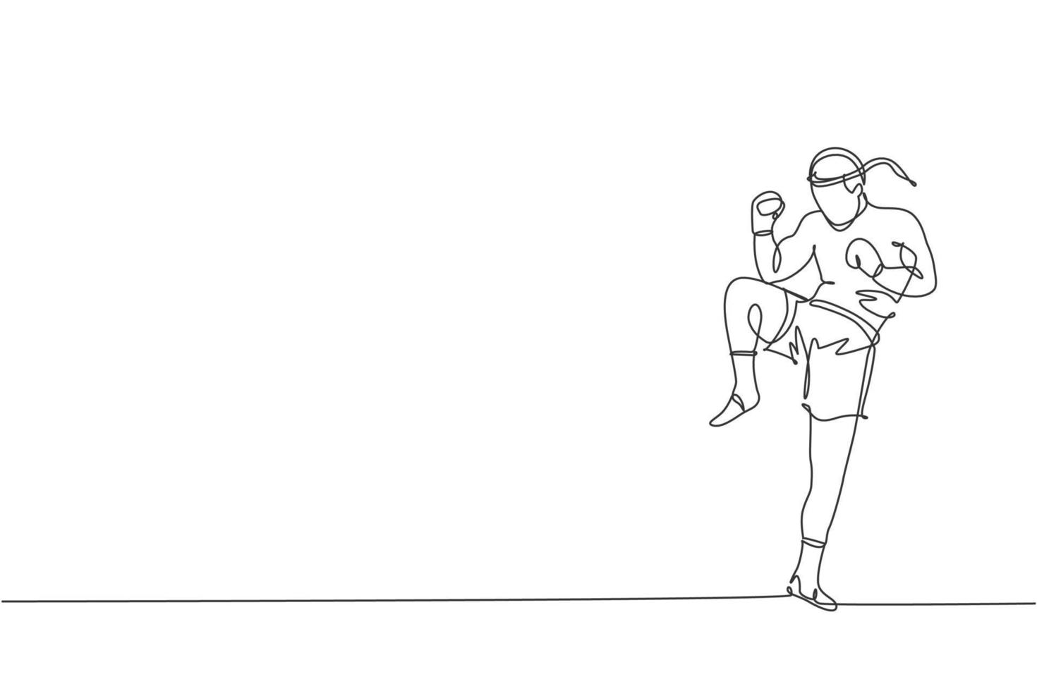 un seul dessin au trait d'un jeune combattant muay thai énergique exerçant au graphique d'illustration vectorielle du centre de remise en forme de gym. concept de sport combatif de boxe thaïlandaise. conception moderne de dessin en ligne continue vecteur