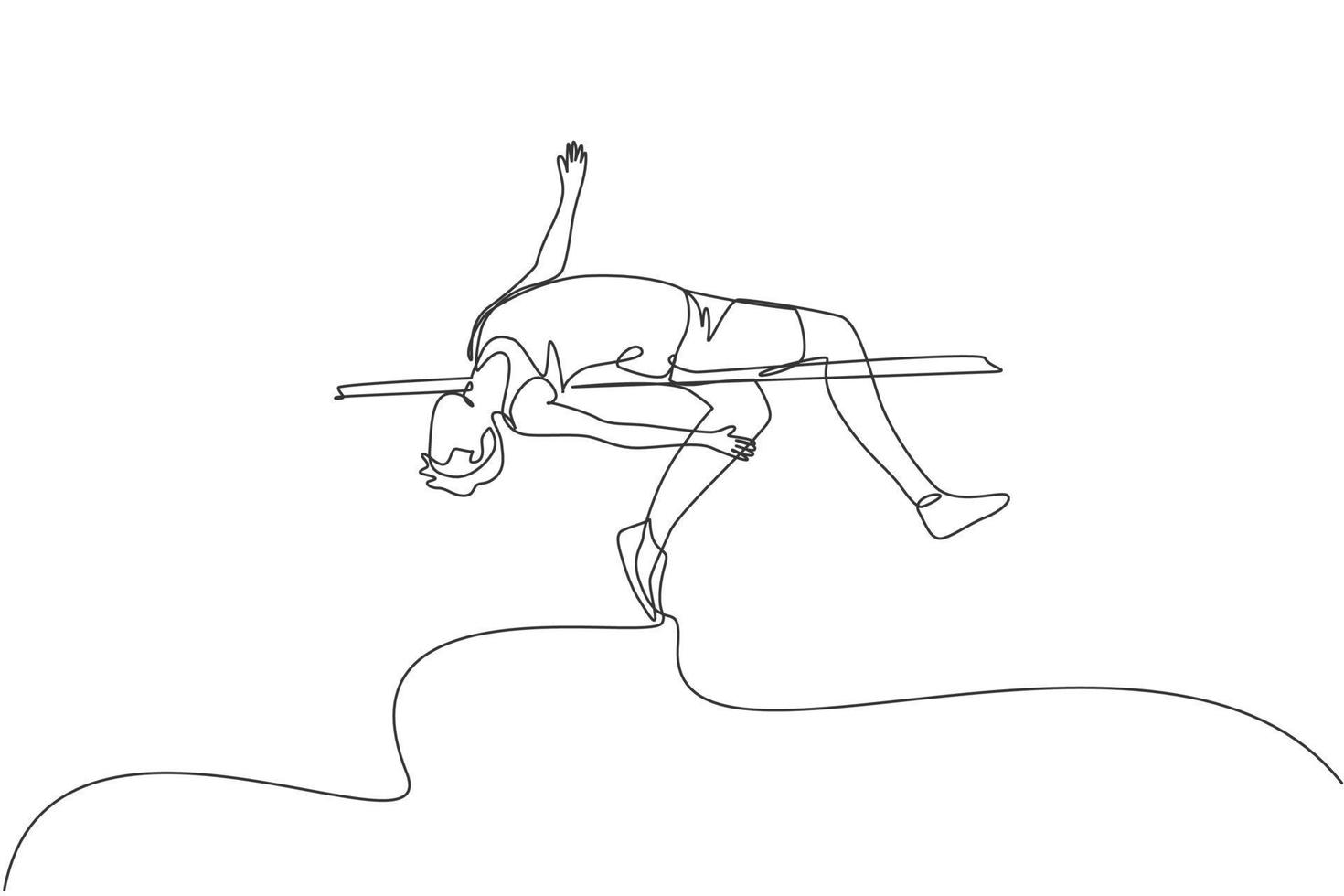 une ligne continue dessinant le succès d'un jeune homme sportif pour passer la barre au jeu de saut en hauteur. concept de sport sportif sain. événement de championnat. illustration graphique vectorielle de conception de dessin à une seule ligne dynamique vecteur