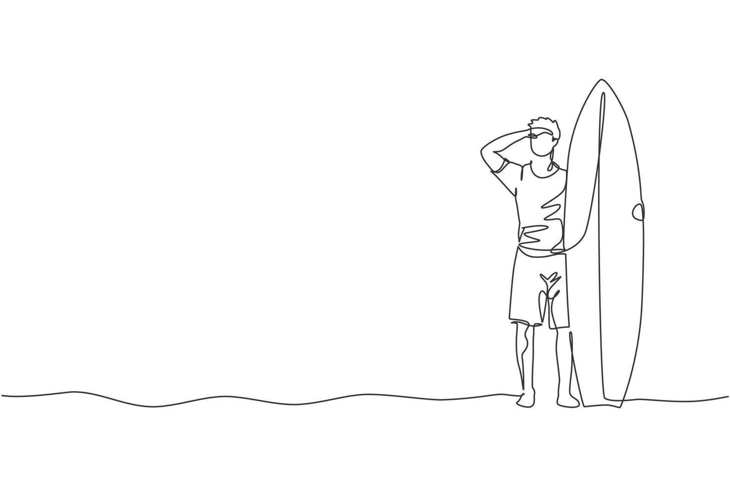 une ligne continue dessinant un jeune surfeur touristique heureux tenant une planche de surf sur une plage de sable. concept de sports nautiques extrêmes sains. vacances d'été. illustration vectorielle de dessin graphique à ligne unique dynamique vecteur