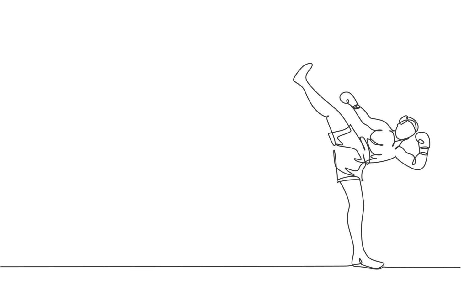 dessin en ligne continue d'un jeune homme sportif kickboxer exercice high kick dans la salle de sport. combattre le concept de sport de kickboxing de compétition. tendance une ligne dessiner illustration vectorielle de conception graphique vecteur