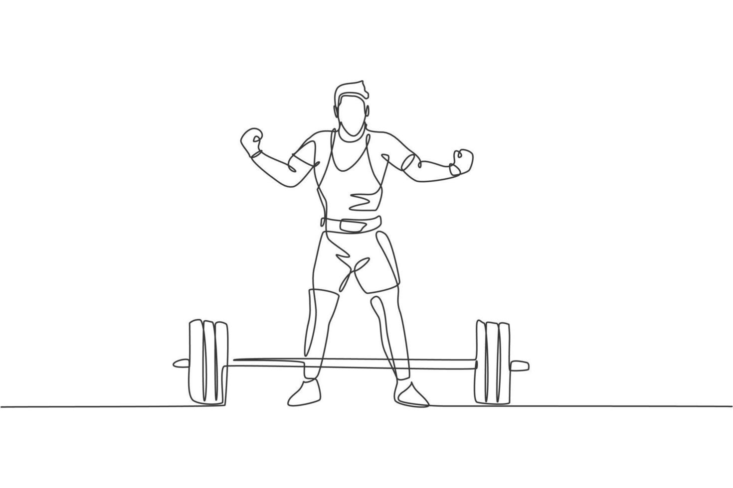 un seul dessin au trait d'un jeune athlète musclé en forme soulevant des haltères travaillant dans une illustration vectorielle de salle de sport. haltérophile se préparant au concept d'entraînement. conception moderne de dessin en ligne continue vecteur