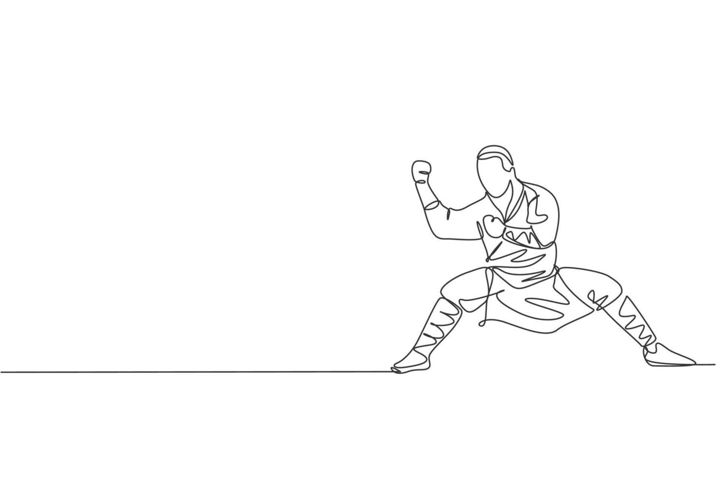 une seule ligne continue dessinant un jeune moine shaolin musclé s'entraînant à l'art martial au temple de shaolin. concept de combat de kung fu traditionnel chinois. tendance une ligne dessiner illustration vectorielle de conception graphique vecteur