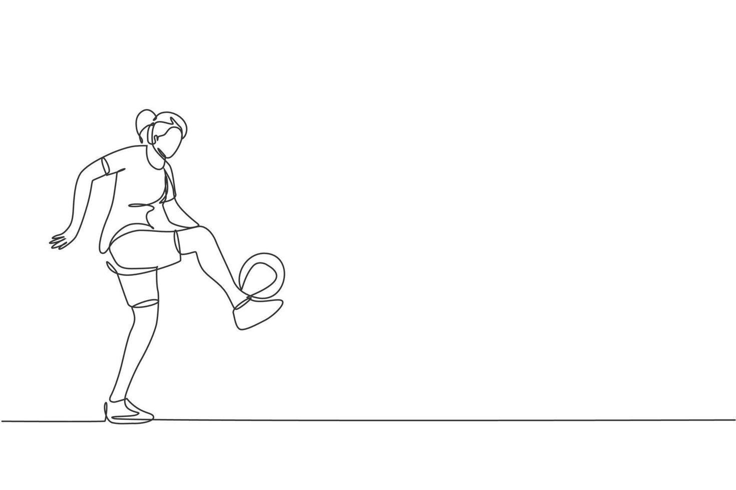 un dessin en ligne continu d'une jeune femme sportive joueur de freestyler de football s'entraînant à jongler avec le ballon dans la rue. concept de sport de style libre de football. illustration vectorielle de dessin dynamique à une seule ligne vecteur