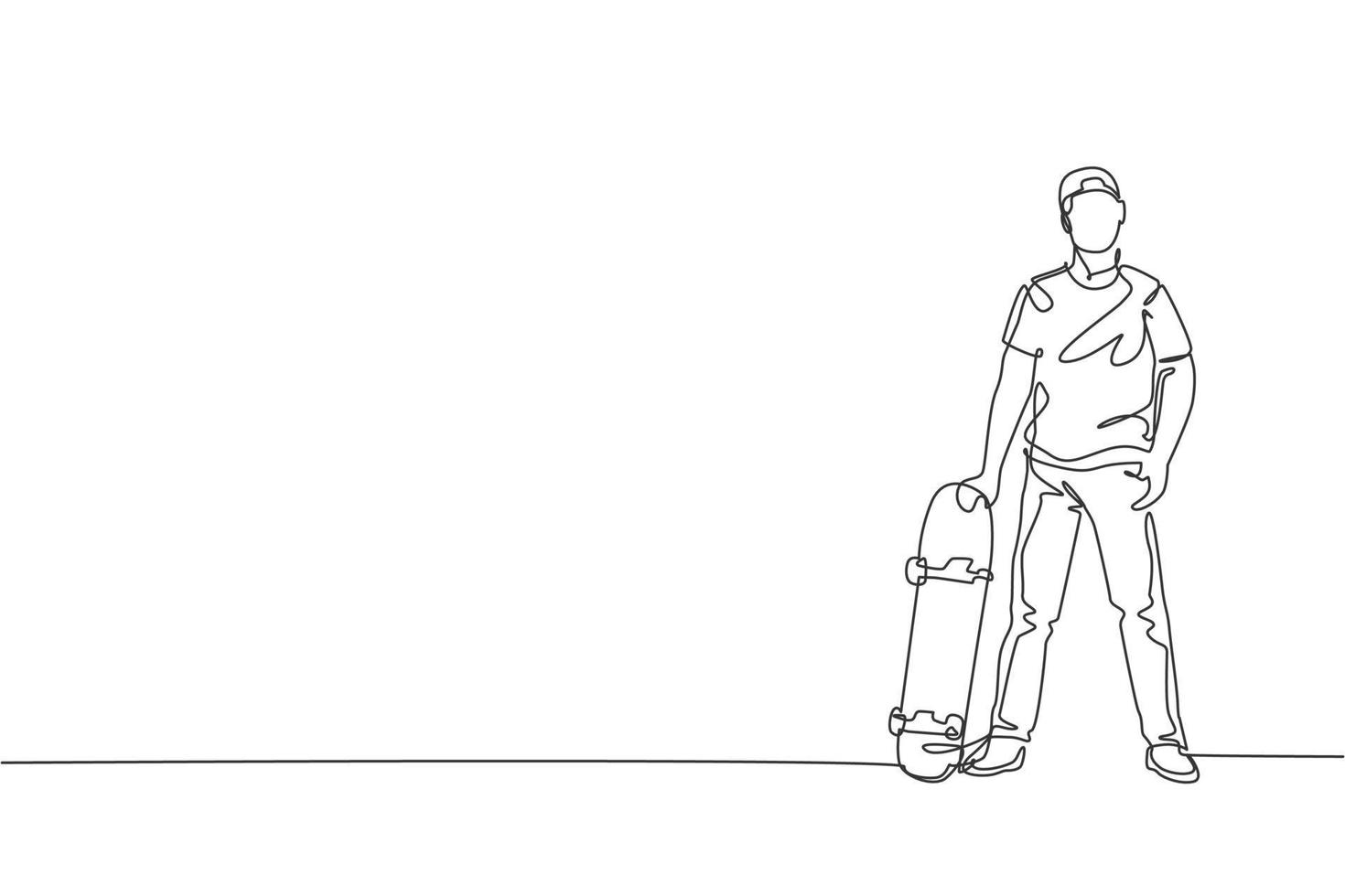 un seul dessin au trait d'un jeune skateur tenant une planche à roulettes et pose dans l'illustration vectorielle de la rue de la ville. mode de vie des adolescents et concept de sport de plein air extrême. conception moderne de dessin en ligne continue vecteur
