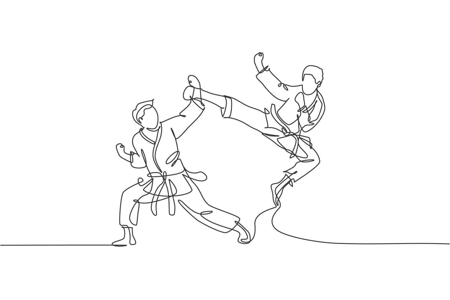 dessin en ligne continue d'un jeune homme de karatéka confiant en kimono pratiquant le combat de karaté au dojo. concept d'entraînement sportif d'arts martiaux. illustration graphique vectorielle de conception de dessin à une ligne à la mode vecteur