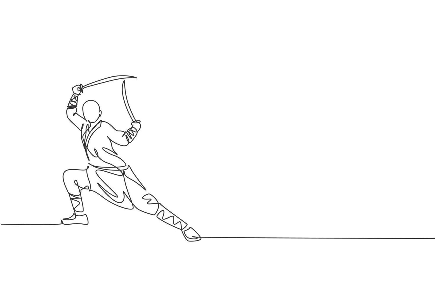 un dessin en ligne continu d'un jeune moine shaolin pratiquant le kung fu avec des épées au sol du temple. concept de sport de combat traditionnel chinois. illustration vectorielle de dessin dynamique à une seule ligne vecteur