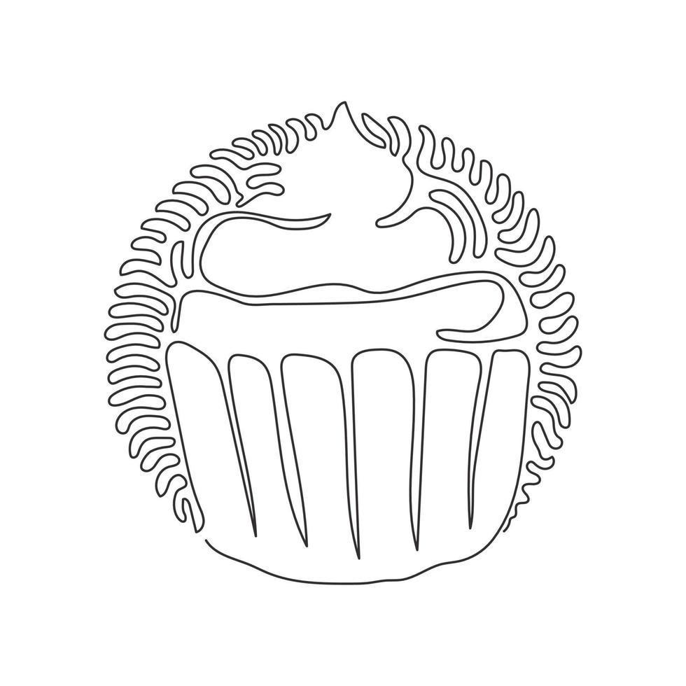 un seul dessin au trait cupcake délicieux. gâteau sucré et savoureux. délicieux dessert pour le dîner au restaurant. style de fond de cercle de curl tourbillonnant. illustration vectorielle graphique de conception de ligne continue moderne vecteur