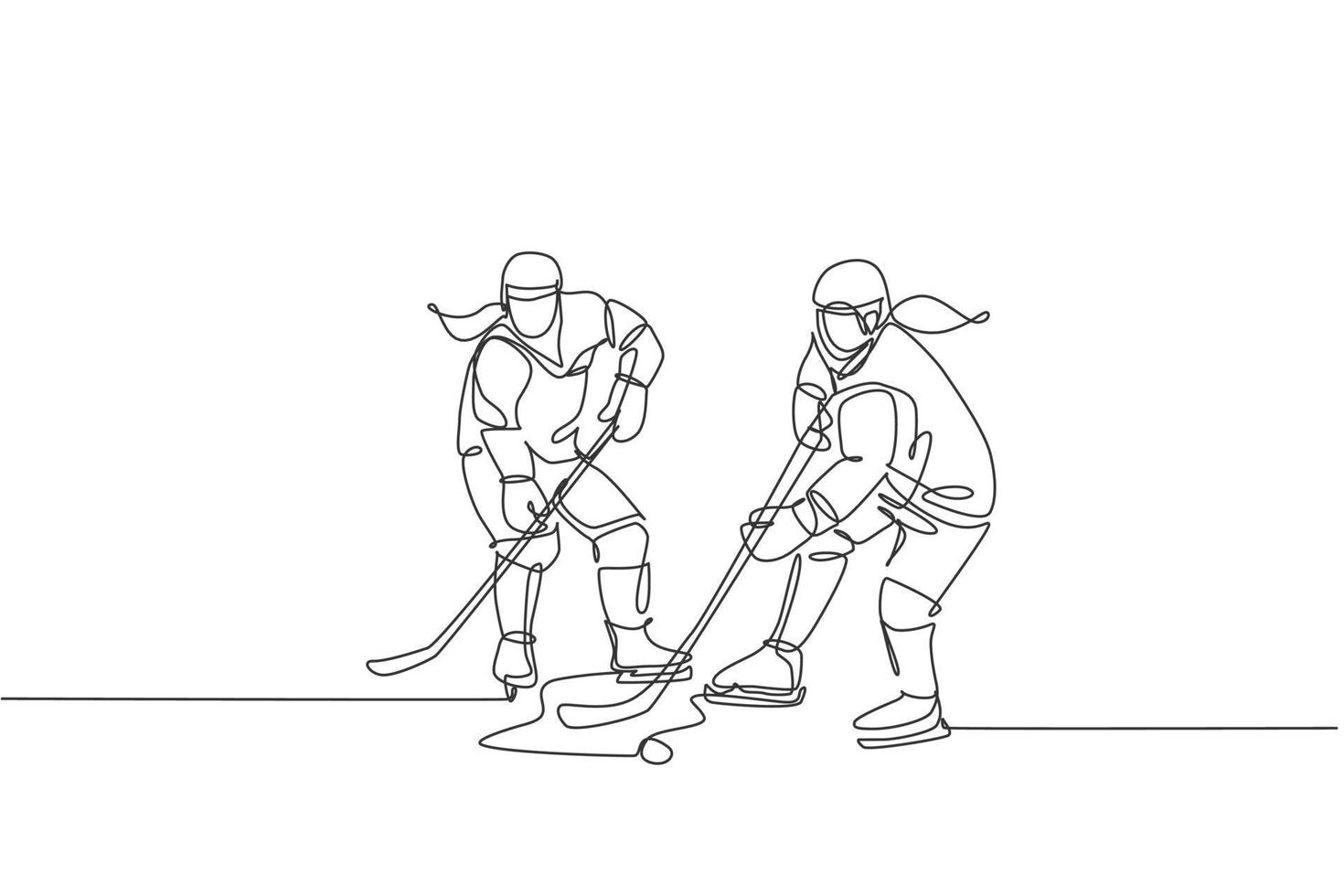 un seul dessin de deux jeunes joueurs de hockey sur glace en action pour gagner la rondelle lors d'un match de compétition sur l'illustration vectorielle du stade de la patinoire. concept de tournoi sportif. conception de dessin en ligne continue vecteur