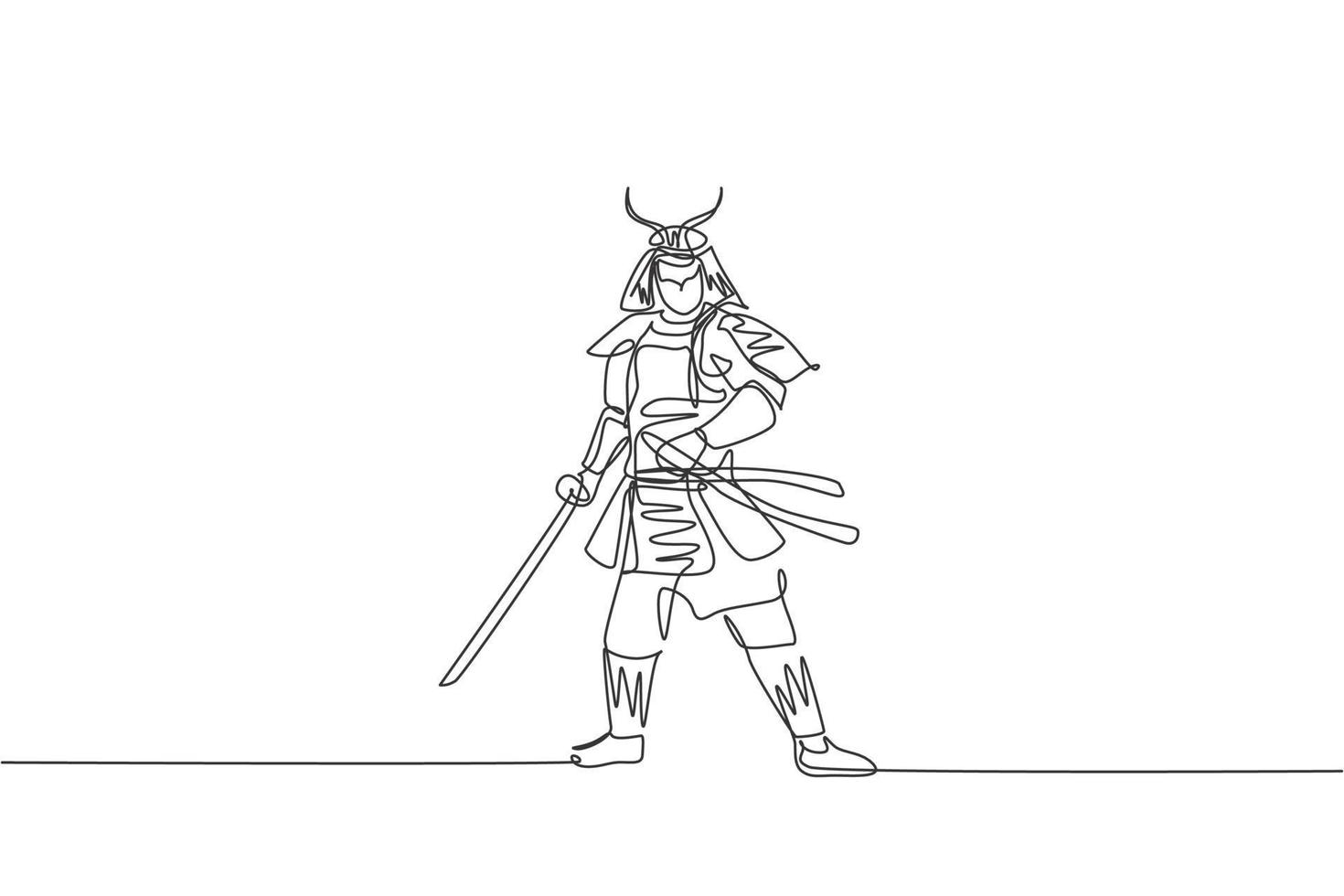 dessin en ligne continue d'un jeune shogun samouraï fort portant l'uniforme traditionnel tenant l'épée au festival. ancien concept de soldat de chasse. illustration vectorielle de conception de dessin à une ligne à la mode vecteur