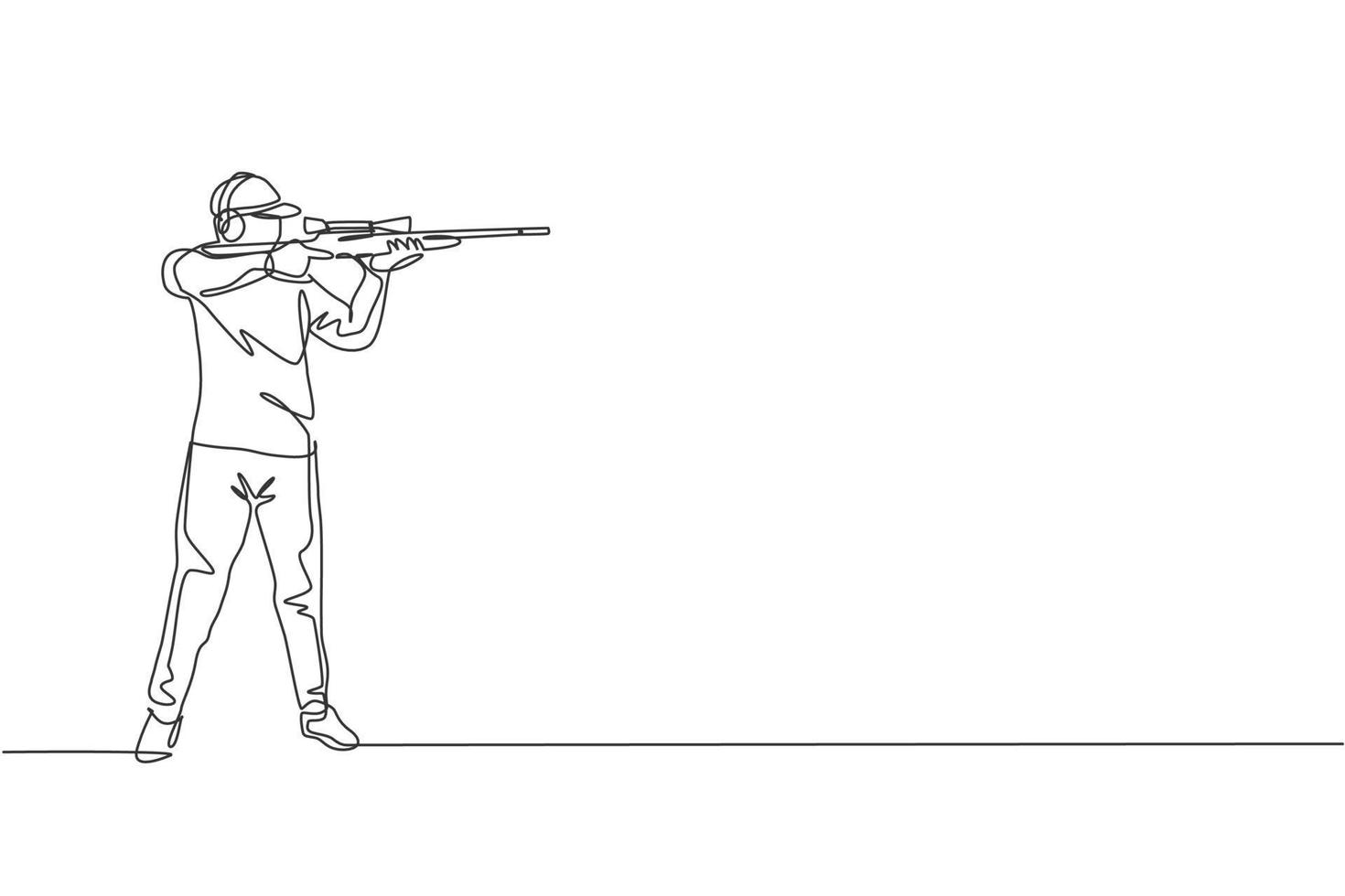 un dessin d'une seule ligne d'un jeune homme s'entraînant à tirer sur une cible à portée sur le graphique d'illustration vectorielle du terrain d'entraînement au tir. concept de sport de tir au pigeon d'argile. conception moderne de dessin en ligne continue vecteur