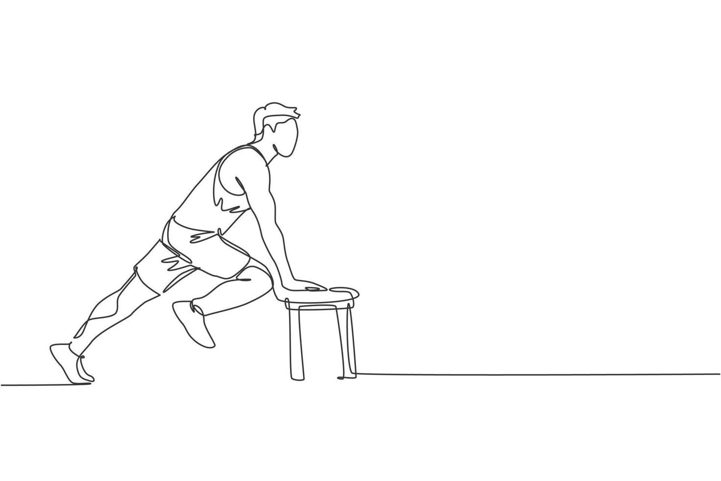 un seul dessin au trait d'exercice de jeune homme énergique qui s'étend à l'aide d'un banc dans le graphique d'illustration vectorielle du centre de remise en forme de gym. concept de sport de mode de vie sain. conception moderne de dessin en ligne continue vecteur