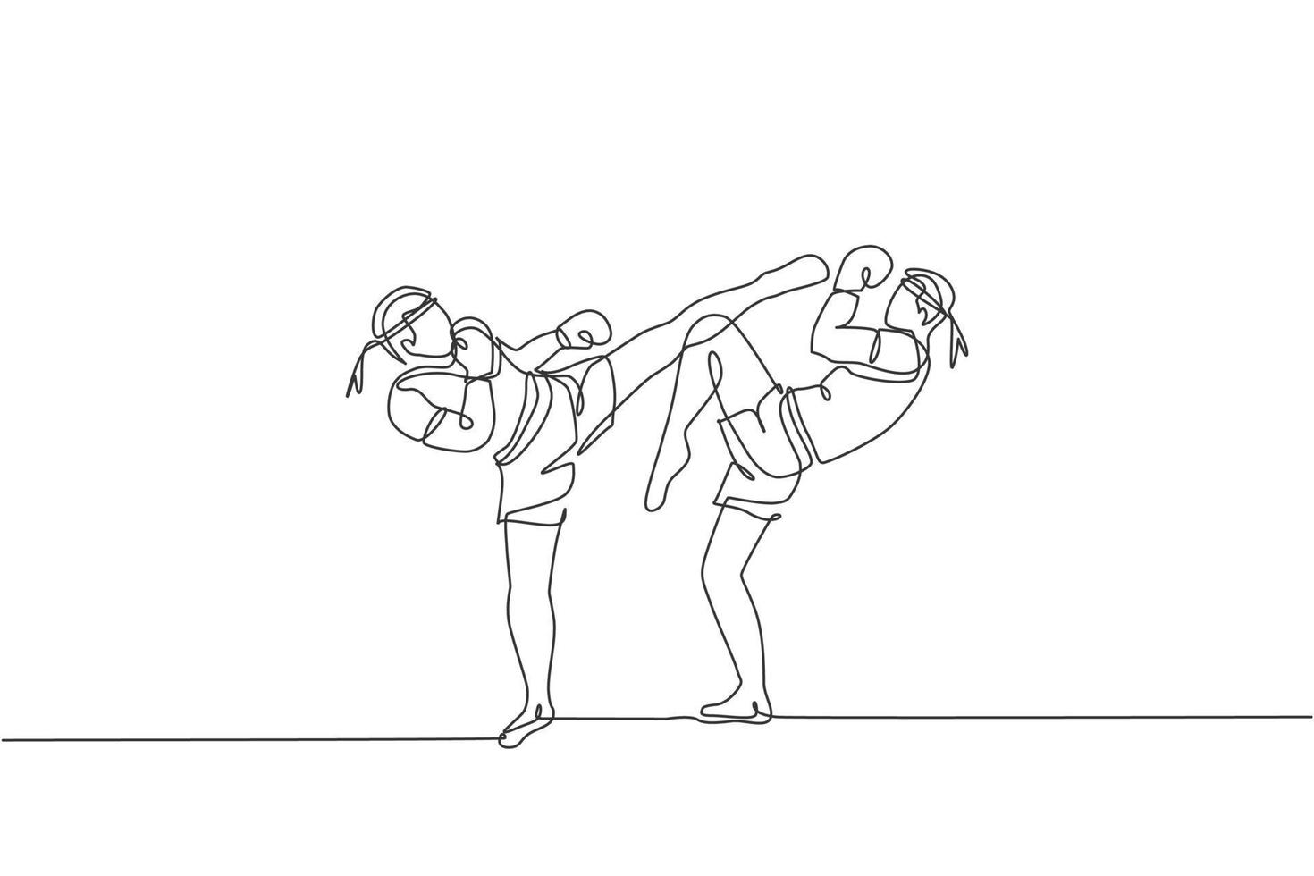 dessin en ligne continue unique de deux jeunes hommes sportifs s'entraînant à la boxe thaïlandaise au centre du club de gym. concept de sport muay thai combatif. événement de compétition. illustration vectorielle de conception de dessin à une ligne à la mode vecteur