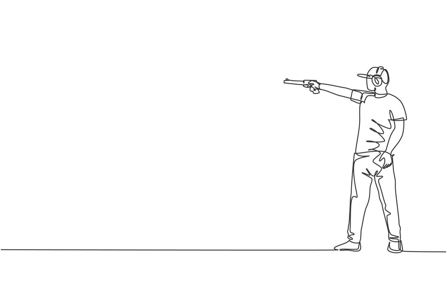 un dessin en ligne continu d'un jeune homme sur le terrain d'entraînement au tir pour la compétition avec une arme de poing pistolet. concept de sport de tir en plein air. illustration vectorielle de dessin dynamique à une seule ligne vecteur