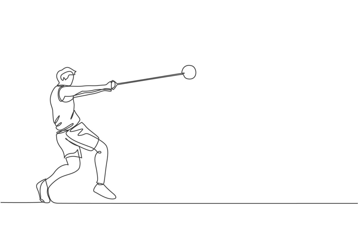 un dessin en ligne continu d'un jeune homme sportif s'exerce à se concentrer avant de lancer un marteau sur le terrain. jeux athlétiques. concept de sport olympique. illustration vectorielle graphique de conception de dessin à une seule ligne dynamique vecteur