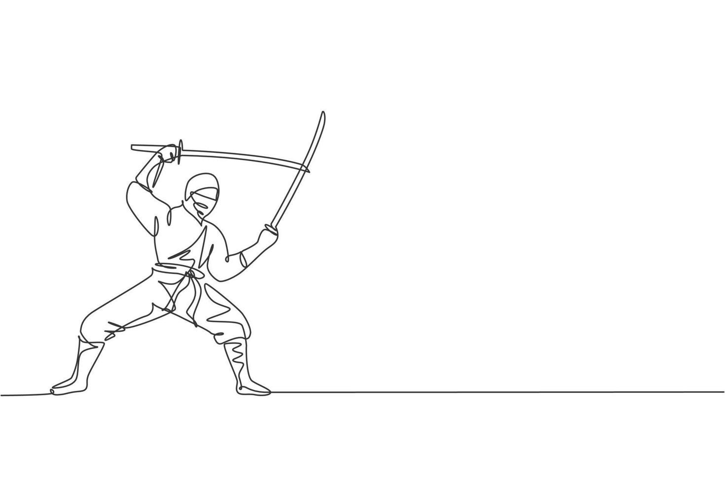 un seul dessin de jeune ninja traditionnel japonais énergique tenant des épées de samouraï en attaque pose illustration vectorielle. concept de sport d'art martial combatif. conception moderne de dessin en ligne continue vecteur