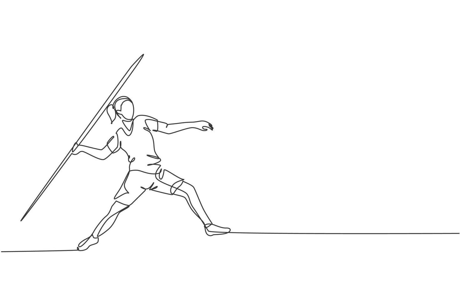 une seule ligne continue dessinant une jeune femme sportive s'entraînant à se concentrer avant de lancer le javelin sur le stade de la cour. concept de sport de jeux athlétiques. illustration graphique vectorielle de conception de dessin à une ligne à la mode vecteur