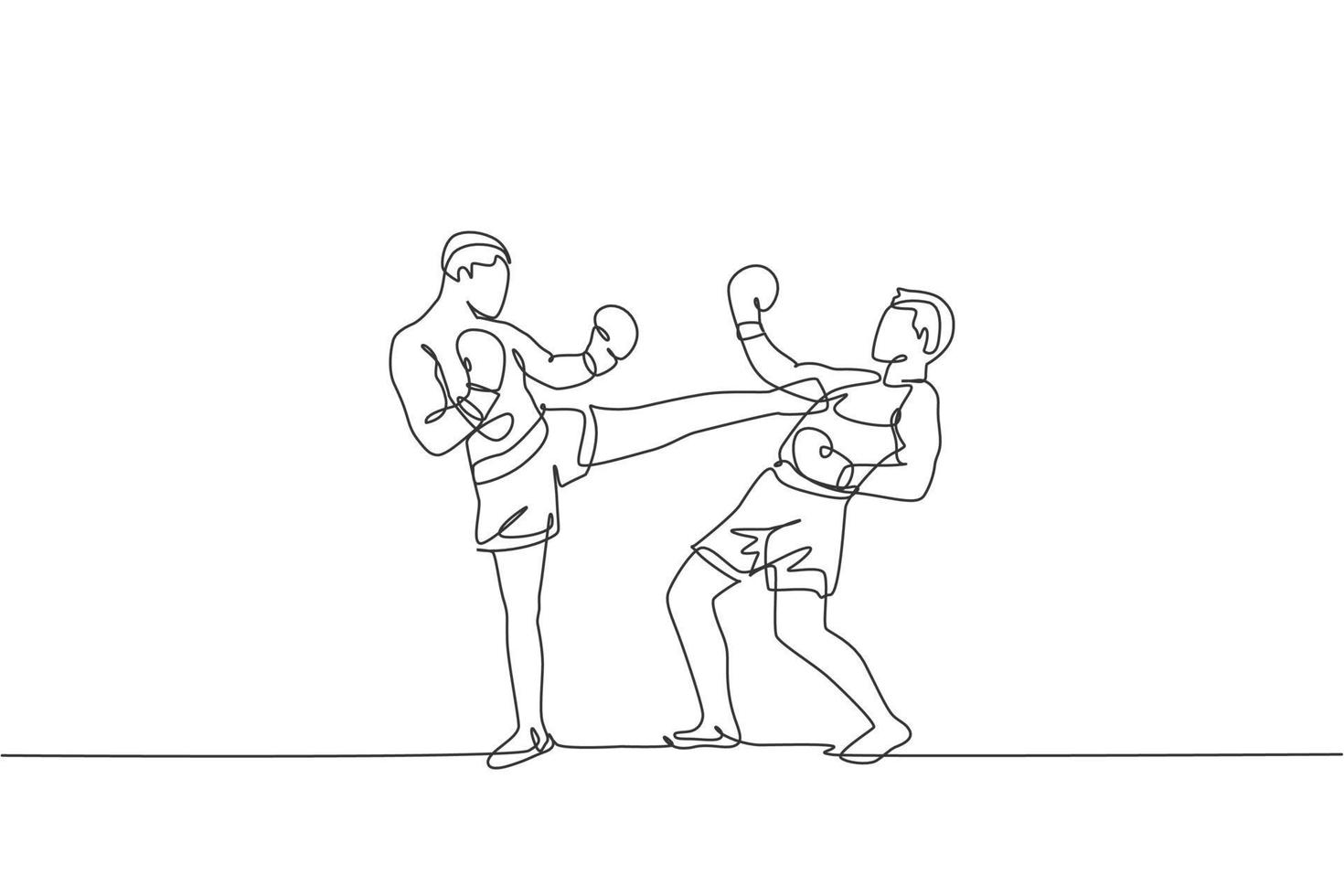 dessin en ligne continue d'un jeune homme sportif kickboxer luttant pour le titre de champion dans la salle de sport. combattre le concept de sport de kickboxing de compétition. illustration vectorielle de conception de dessin à une ligne à la mode vecteur