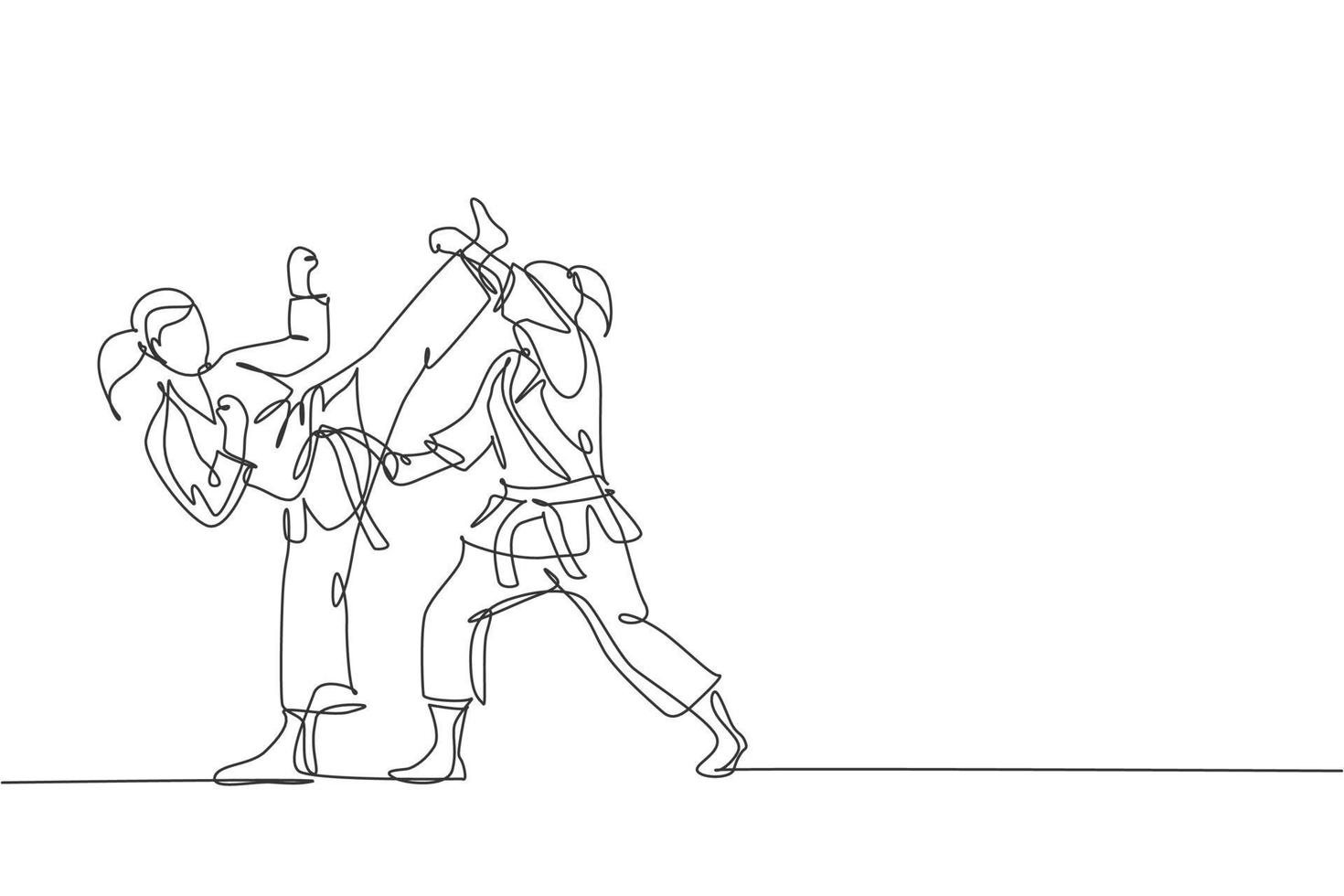 un dessin en ligne continu de deux jeunes filles de karatéka talentueuses posent pour des combats en duel au centre de gym dojo. concept de sport d'art martial de maîtrise. illustration vectorielle de dessin dynamique à une seule ligne vecteur