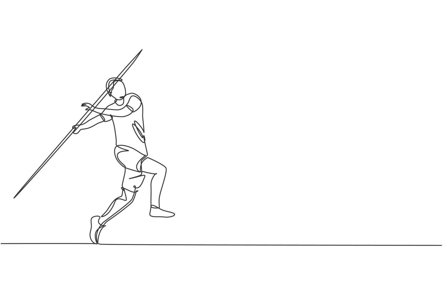 dessin en ligne continue d'un jeune homme sportif s'entraînant à se concentrer avant de lancer le javelin sur le stade de la cour. concept de sport de jeux athlétiques. illustration vectorielle de conception de dessin à une ligne à la mode vecteur