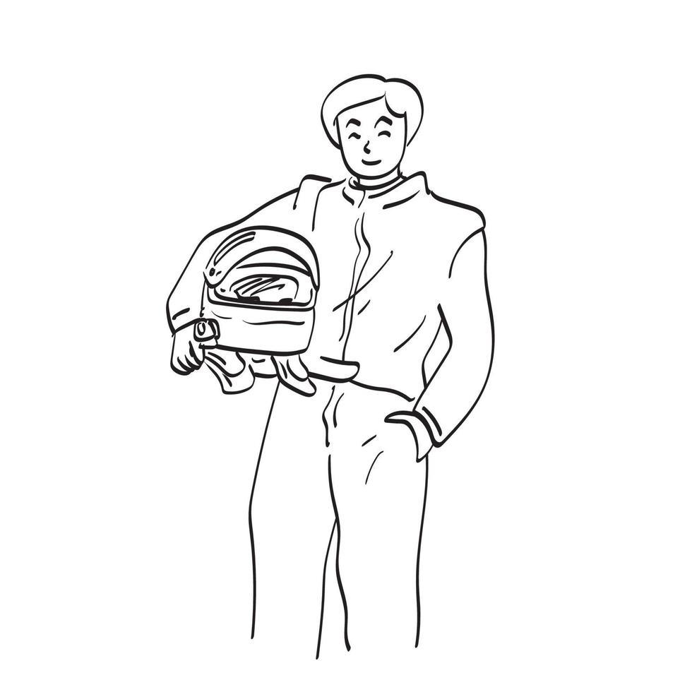 coureur de voiture masculin souriant avec un vecteur d'illustration de casque dessiné à la main isolé sur fond blanc dessin au trait.