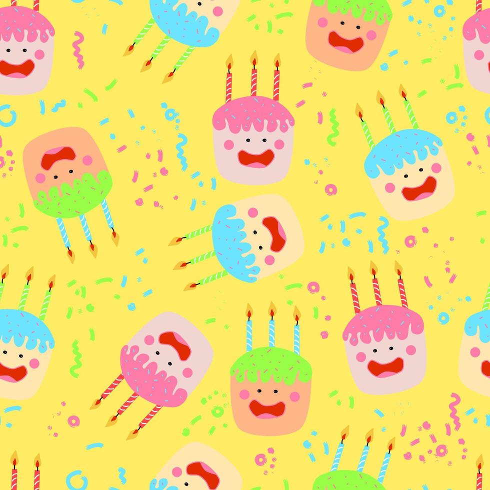 gâteaux kawaii mignons avec des bougies personnages originaux isolés avec visage yeux joues et sourire vecteur modèle sans couture avec des confettis