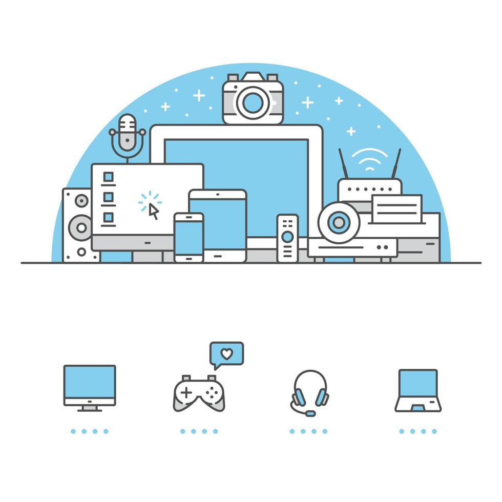 bannière d'appareils électroniques et icônes avec fond blanc vecteur