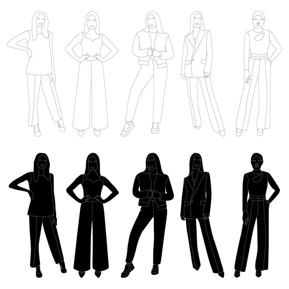 un ensemble de croquis des contours des silhouettes d'une fille dans un costume à la mode debout. doodle dessin au trait noir et blanc. vecteur