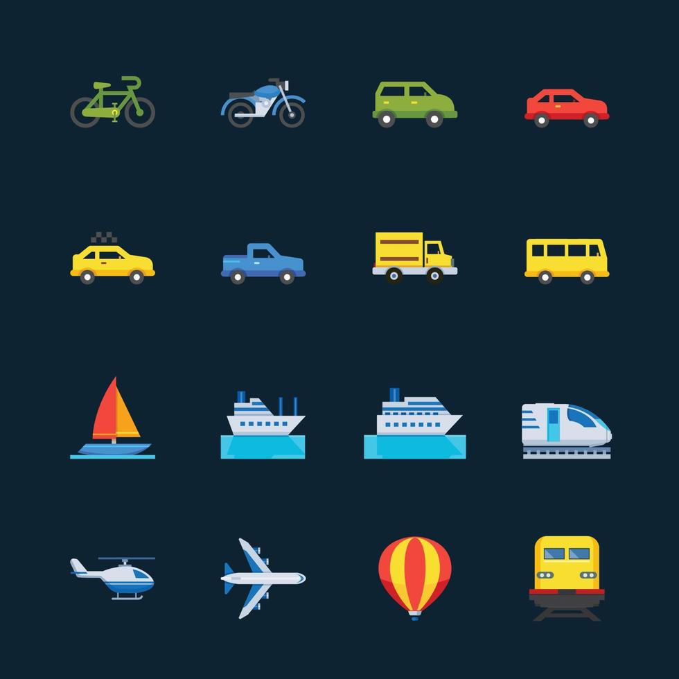 icônes de transport et de véhicules sur fond noir vecteur