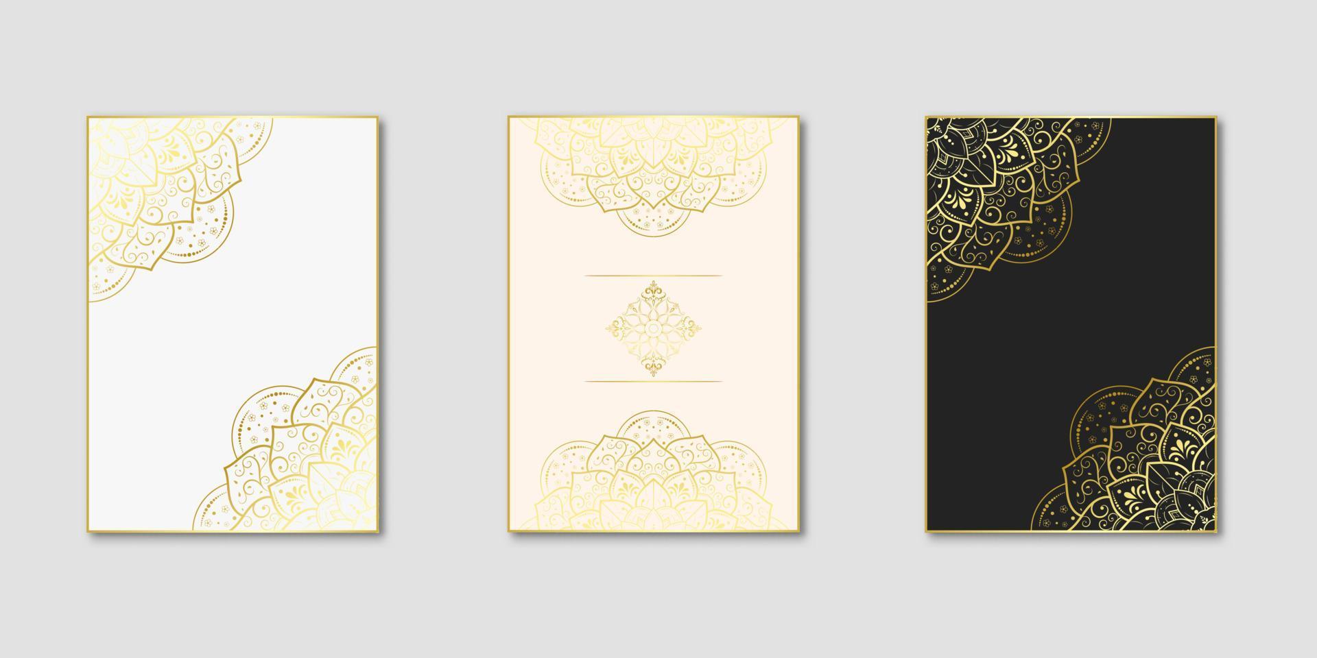 ensemble de cadre doré rectangle avec fleur de mandala, fond blanc et gris, modèle de jeu de modèles de mandala, brochure, illustration vectorielle, vecteur
