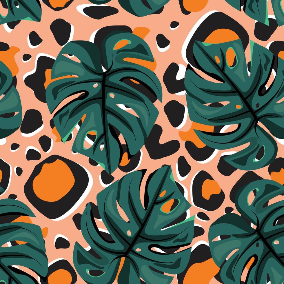 modèle sans couture avec des feuilles de monstère sur fond de guépard. feuilles tropicales sur fond de motif léopard orange. pour textile, papier d'emballage, emballage, papier peint. motif vectoriel. vecteur