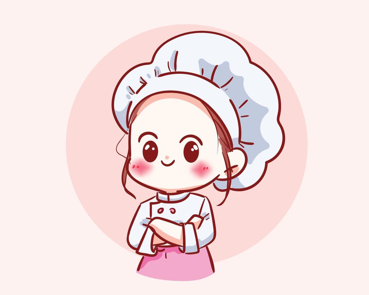 mignon chef fille en uniforme personnage souriant stand avec les bras croisés nourriture restaurant logo dessin animé art illustration vecteur