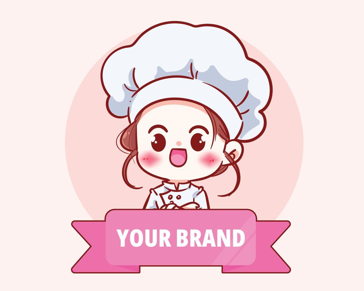 mignon chef fille en uniforme personnage souriant et bras croisés bannière nourriture restaurant logo dessin animé art illustration vecteur