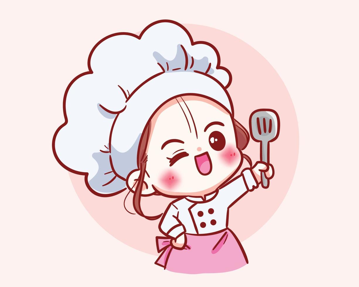 jolie fille de chef en personnage uniforme tenant une illustration d'art de dessin animé de logo de restaurant de nourriture de tourneur vecteur