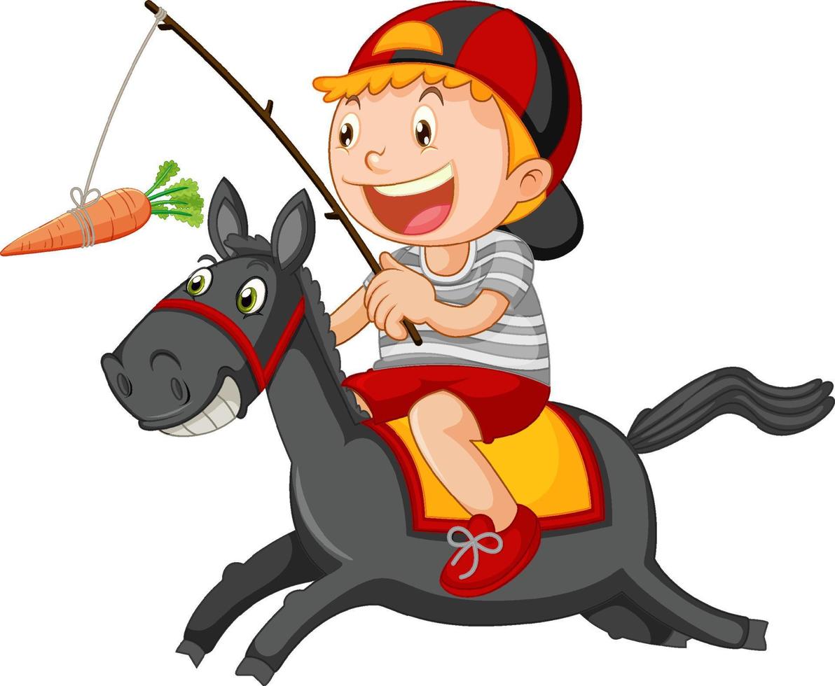 garçon monté sur un cheval pêchant une carotte vecteur