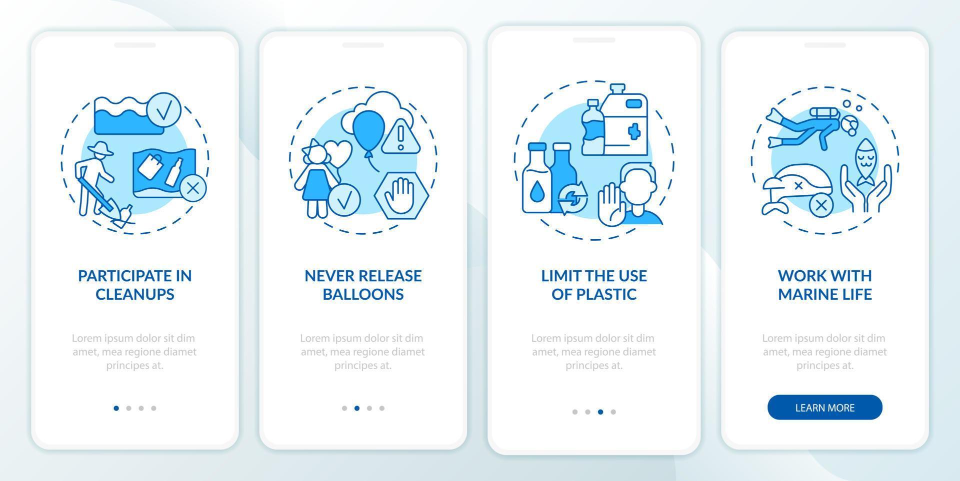 écran d'application mobile d'intégration bleu de protection de la vie océanique. ballons lancent des pages d'instructions graphiques en 4 étapes avec des concepts linéaires. ui, ux, modèle d'interface graphique. vecteur