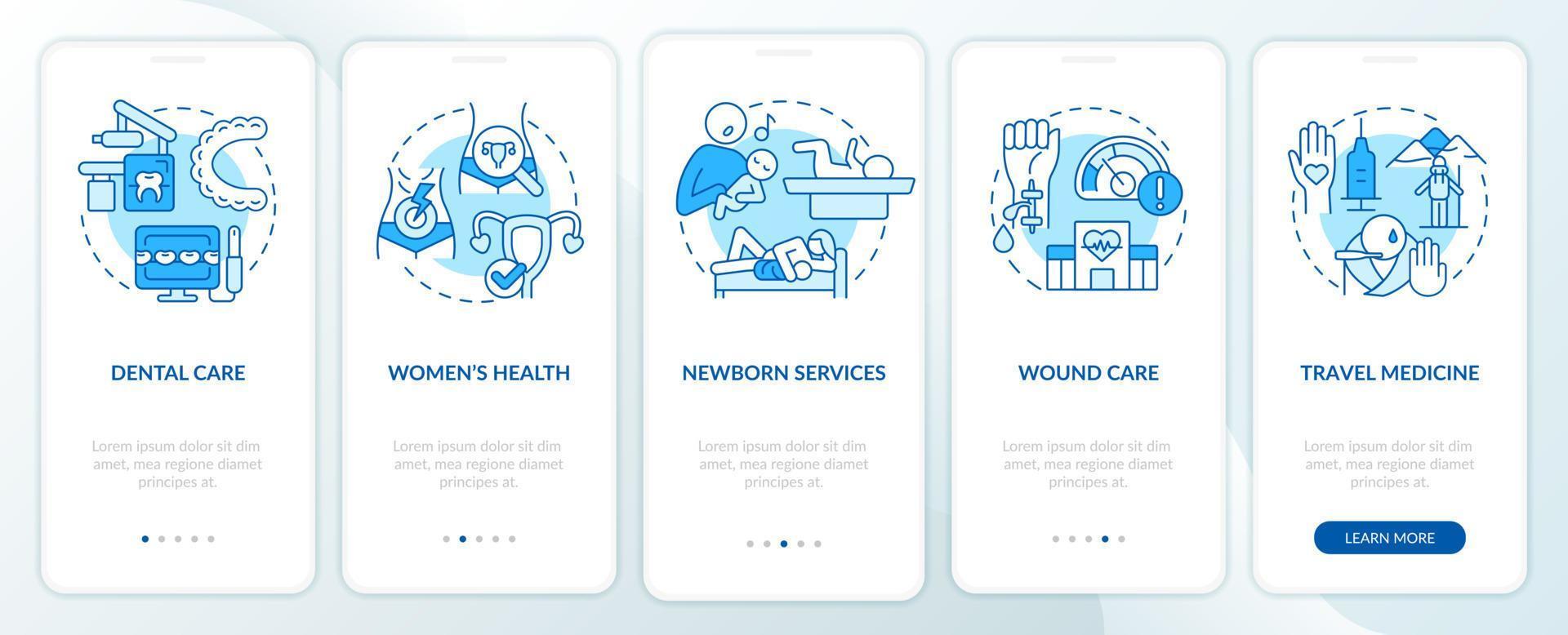 écran bleu de l'application mobile d'intégration des services de santé. Procédure pas à pas pour les soins aux patients Pages d'instructions graphiques en 5 étapes avec des concepts linéaires. ui, ux, modèle d'interface graphique. vecteur