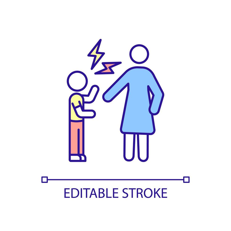 icône de couleur rvb comportement agressif de l'enfant. enfant jurant après maman. éclats de colère. agression extrême. illustration vectorielle isolée. dessin au trait rempli simple. trait modifiable. vecteur