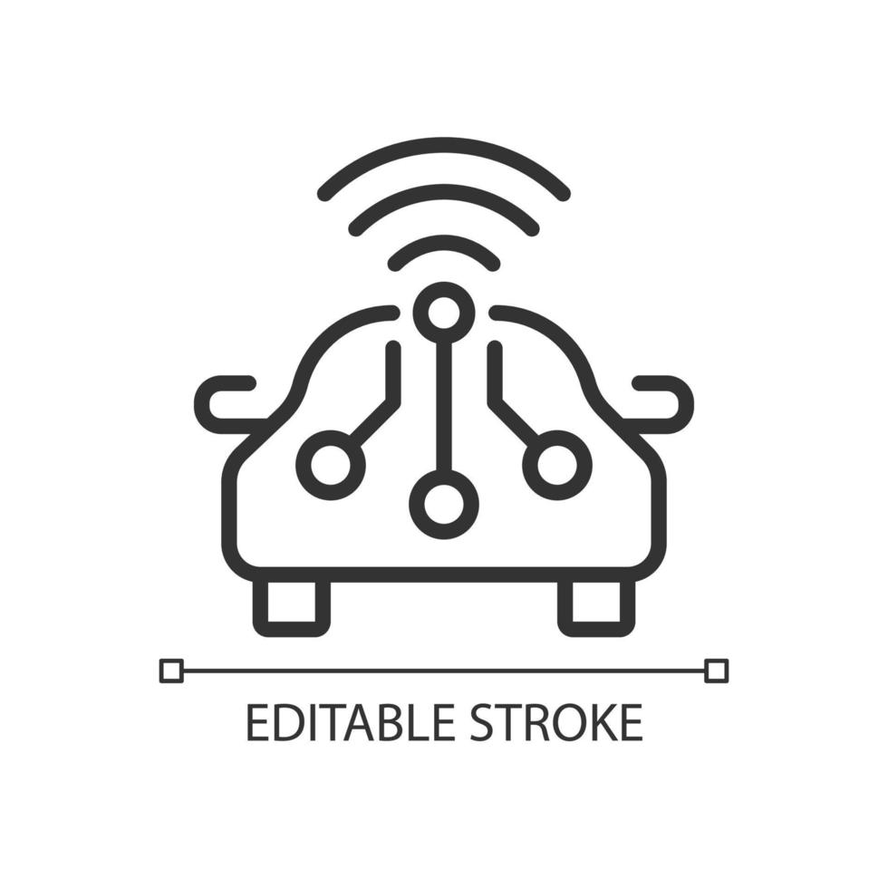 icône linéaire parfaite de pixel de voiture intelligente. accès à distance au contrôle automobile. internet des objets. illustration de la ligne mince. symbole de contour. dessin de contour vectoriel. trait modifiable. police arial utilisée vecteur