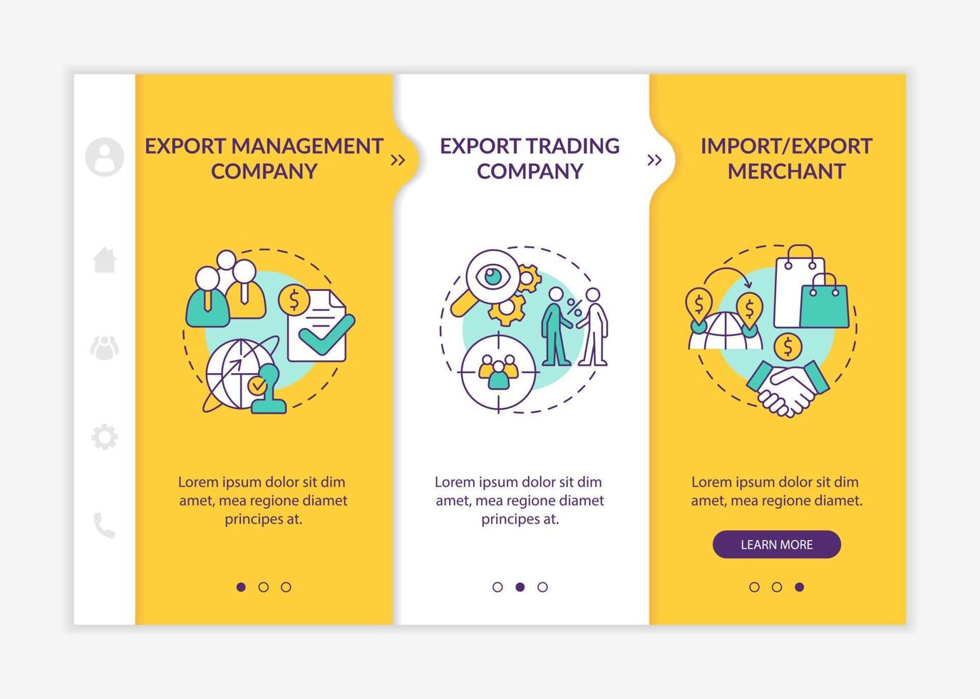 types de modèle d'intégration jaune d'entreprise d'importation et d'exportation. site Web mobile réactif avec des icônes de concept linéaires. écrans pas à pas de la page Web en 3 étapes. vecteur