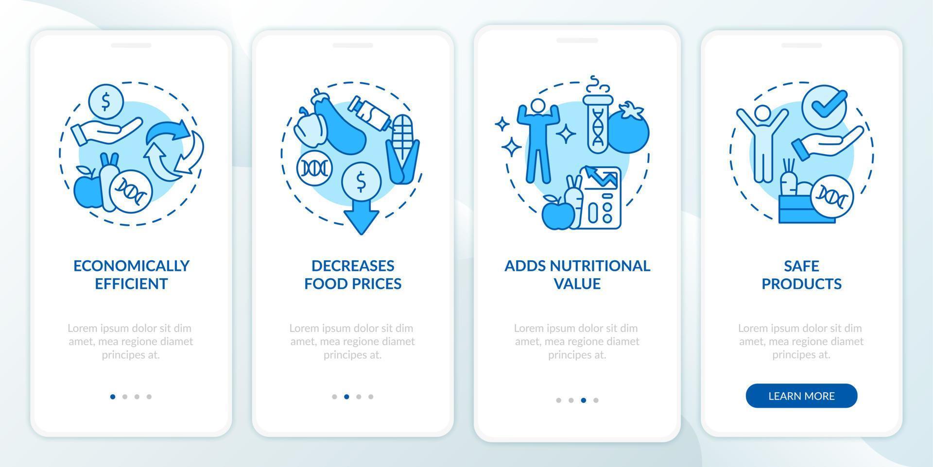 avantages de l'écran de l'application mobile d'intégration gmo blue. Procédure pas à pas pour les problèmes alimentaires Pages d'instructions graphiques en 4 étapes avec des concepts linéaires. ui, ux, modèle d'interface graphique. vecteur